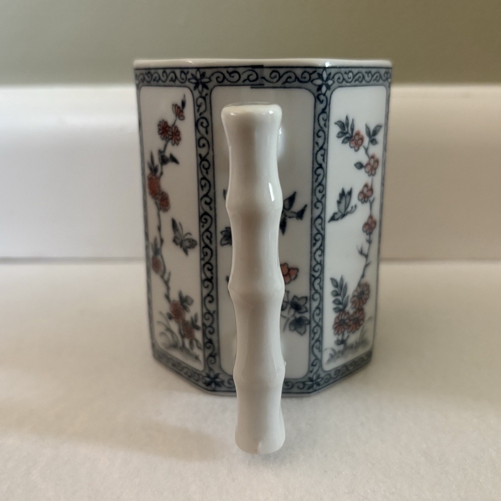 Asian Inspired Octagonal Coffee Mug Blue & White Birds & Butterfly Bamboo Handle - Picture 4 of 6